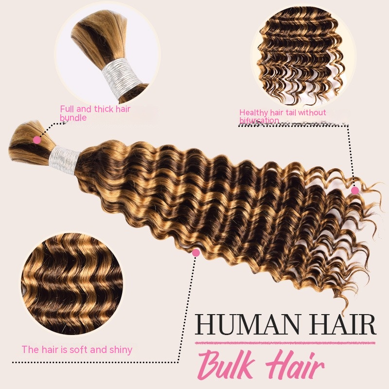 Brown deep wave human hair extensions designed for bulk hair, giving a textured and voluminous appearance